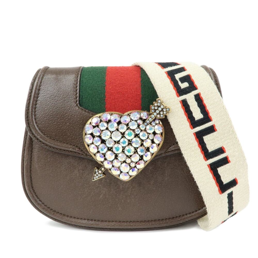 Gucci Sherry Totem Crystal Heart Calfskin Shoulder Bag Brown